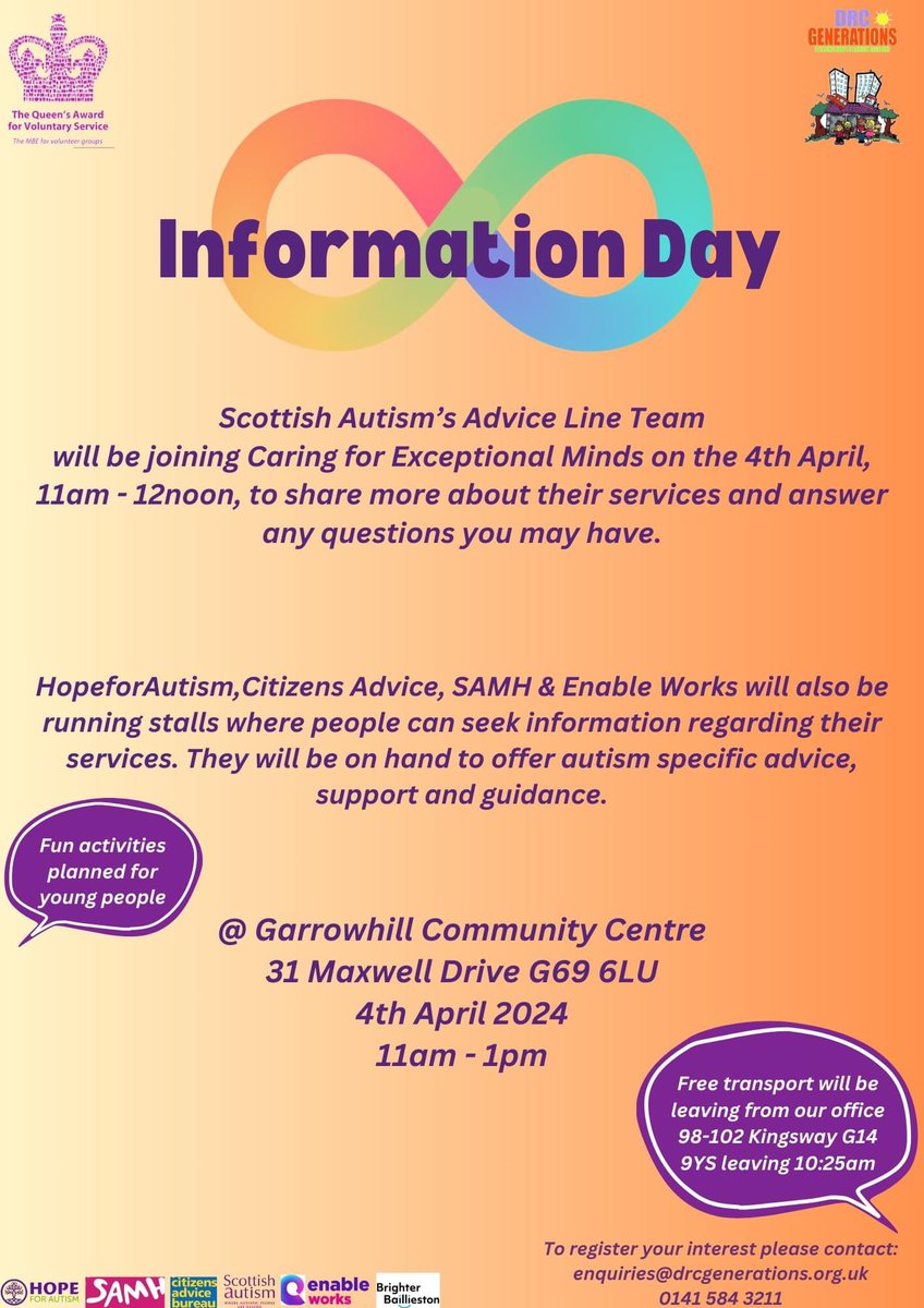 Join us 4th April 2024 at the Garrowhill Community Centre 11am-1pm for our Caring for Exceptional Minds Information Day!
