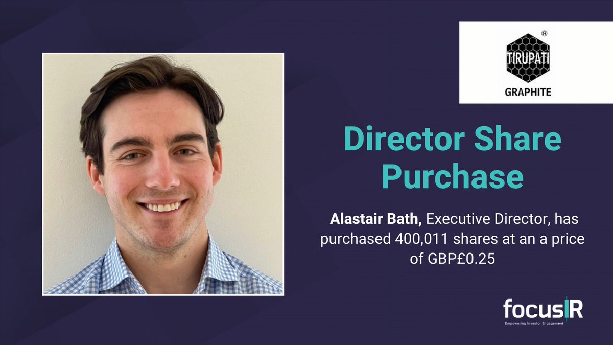 DIRECTOR DEALING: Alastair Bath, Exec Director @Tirupatiuk , purchases 400,011 shares to take his holding to 0.76% of the issued shares. News on the DD sends the shares ⬆️ 17%. #TGR #DIRECTORDEALING #INVESTING