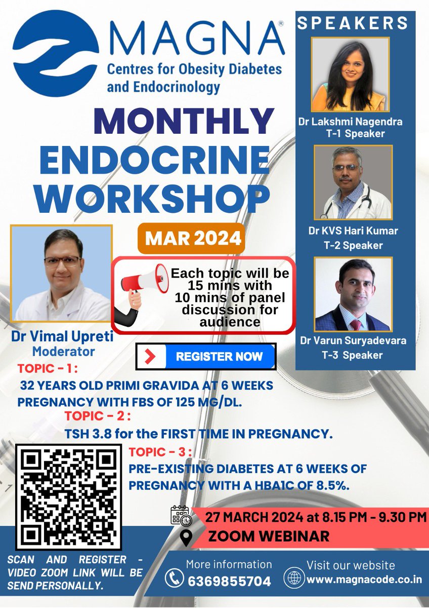 Master the ins and outs of endocrine disorders in pregnancy! Don't miss our Monthly Magna endocrine workshop on 27th of this month! 

forms.gle/b4XciUR1f4mNqP…

<a href="/hariendo/">KVS Hari Kumar</a> 
<a href="/Endoananth/">Anantharaman R MBBS,MD, DM(endo)🇮🇳👨‍⚕️⚕</a> 
<a href="/dr_rsantosh/">Santosh</a> 
<a href="/prudraj/">Dr Prudwiraj</a>