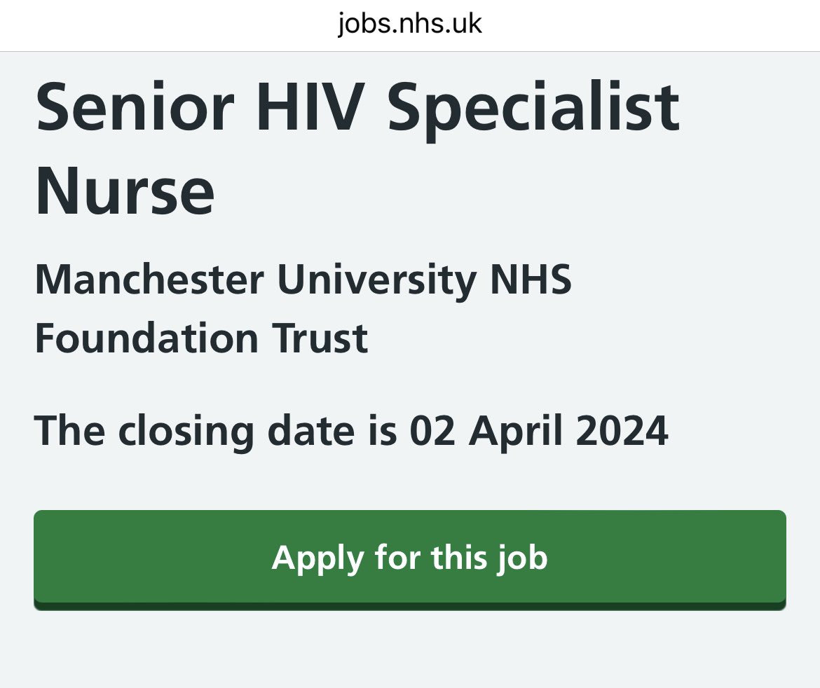 Are you looking for a new challenge? Exciting opportunity as a Band 7 Senior HIV Specialist Nurse @NorthMcrGH_NHS Contact me if you would like to know more. jobs.nhs.uk/candidate/joba… @drclarevh @NHIVNA @drleannjohnson