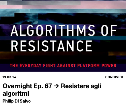 'Overnight' | Radio Raheem Puntata dedicata ad 'Algorithms of resistance', il nuovo libro di @tbonini ed @EmilianoTrere (@mitpress) dedicato a come diversi gruppi di persone combattono il potere degli algoritmi. Si riascolta qui: radioraheem.it/overnight/67-r…