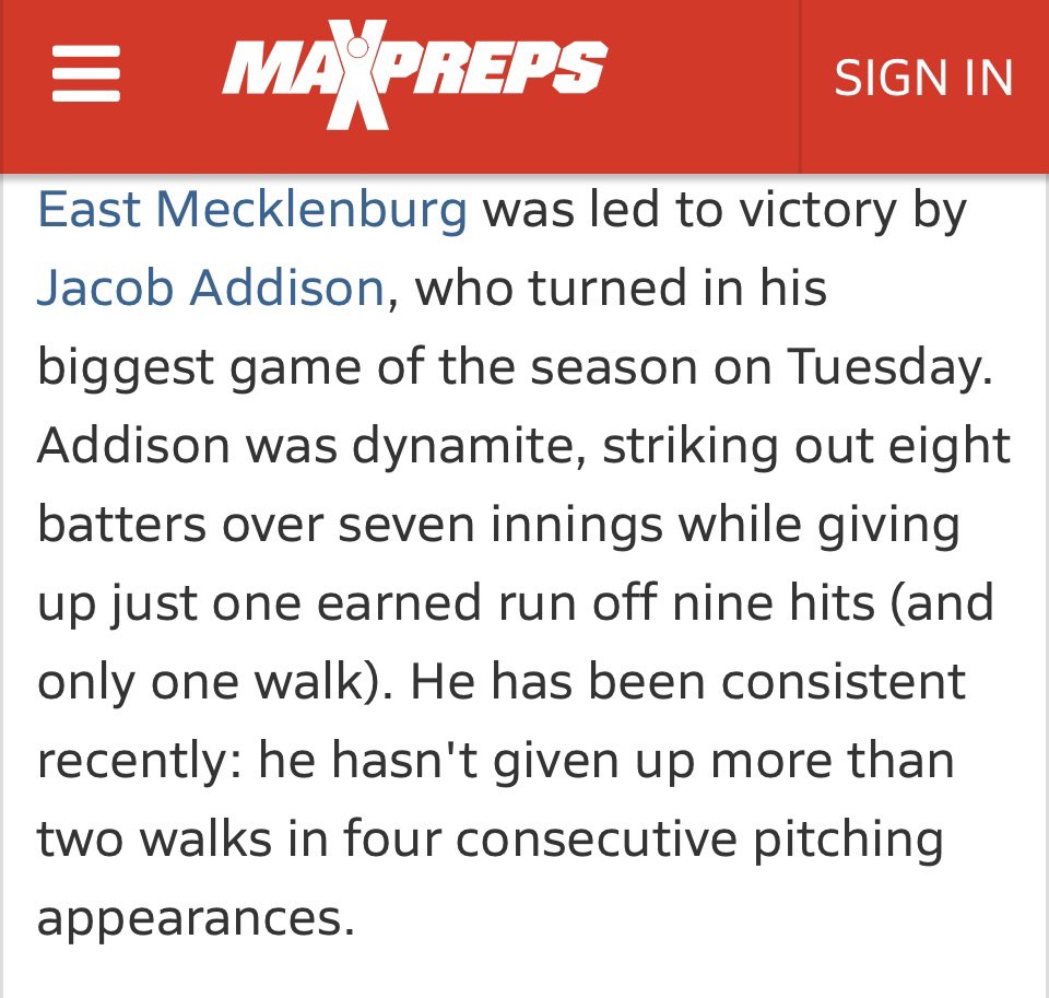 J_Addison28's tweet image. 2-1 W over a good Butler team.
Another good outing on the mound
7 innings pitched complete game 8ks, 1 run allowed. Ready to get back at it tonight. @EastMeckBasebal @2026Megastars @Megastarbasebal
