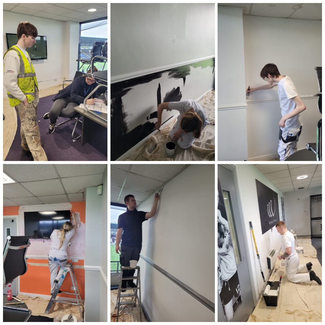 riversidecoll's tweet photo. Well done to our talented Painting &amp; Decorating Apprentices &amp; Students for their amazing work at @WidnesRL DCBL Stadium! They revamped 17 rooms with black and white walls for the season kickoff last Sunday. Huge thanks to @Brewerspaints for the paint donation! https://t.co/RA4rYyYMek