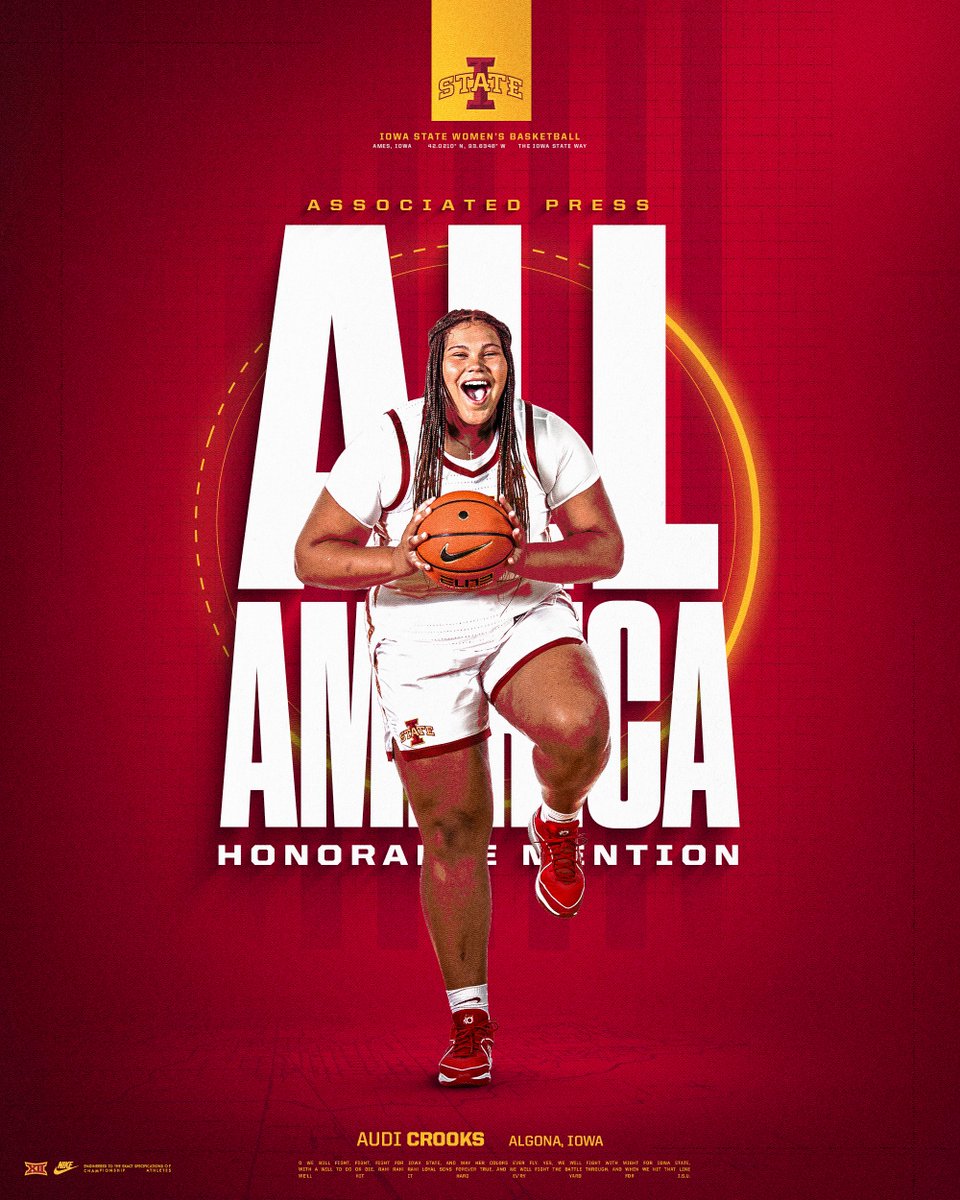 𝐇𝐨𝐧𝐨𝐫𝐚𝐛𝐥𝐞 𝐌𝐞𝐧𝐭𝐢𝐨𝐧 𝐀𝐥𝐥-𝐀𝐦𝐞𝐫𝐢𝐜𝐚 🇺🇸 @AudiCrooks becomes the 11th Cyclone and Iowa State's first freshman to collect AP All-America honors!! 📰: tinyurl.com/ywtnwlfh