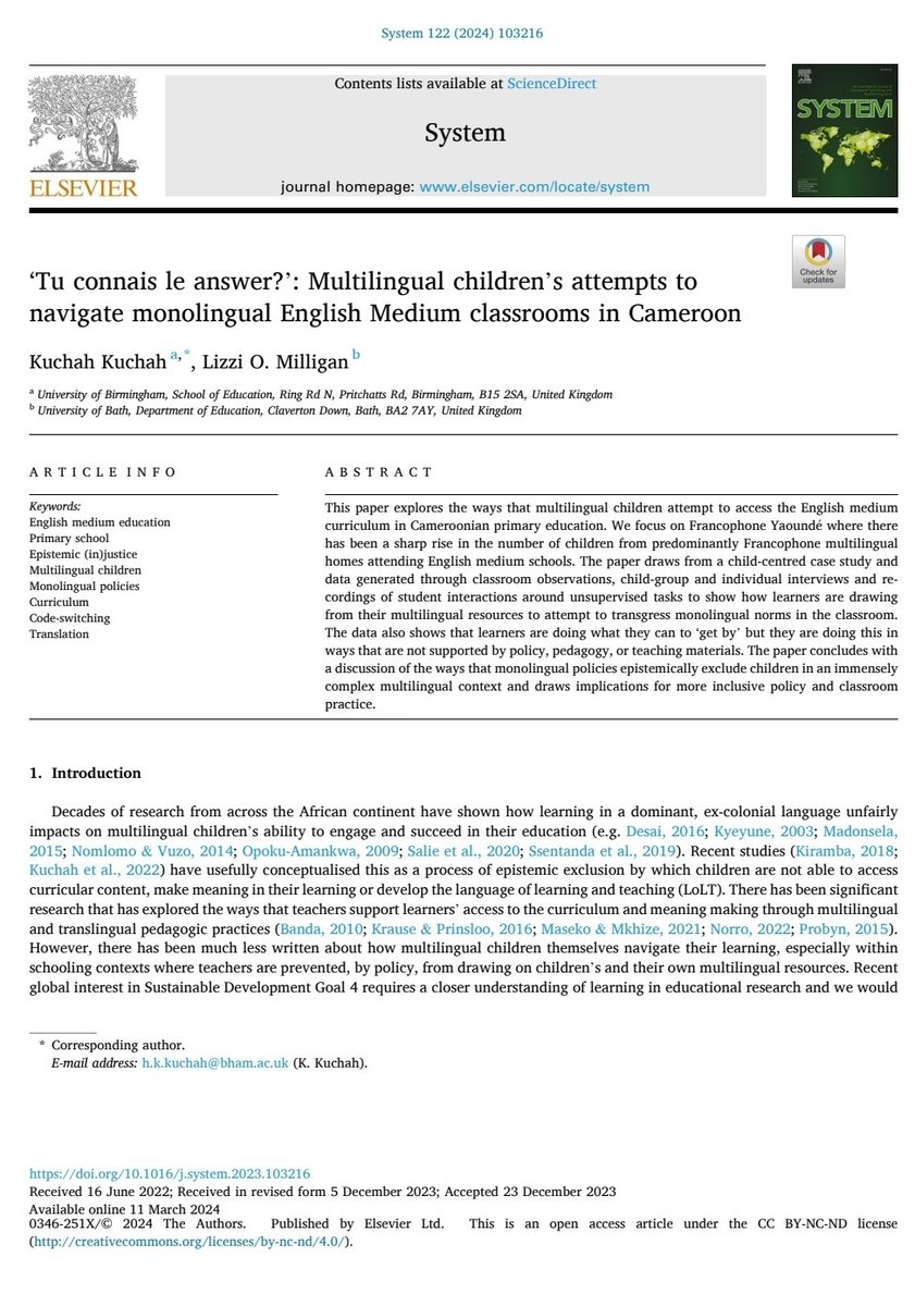 Happy to share our open access article with @lizzimilligan 'Tu connais le answer?’: Multilingual children's attempts to navigate monolingual English Medium classrooms in Cameroon. sciencedirect.com/science/articl…