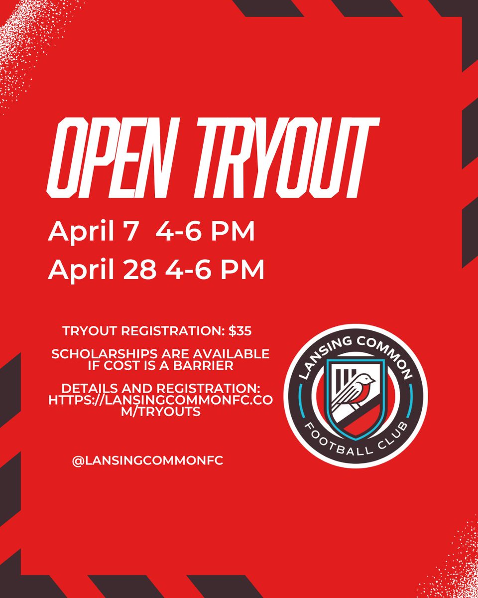 Tryouts are coming up! Looking for somewhere to train and play for the summer? Want to help us compete for a @midwestpl trophy? We're holding 2 open tryouts this spring for our MWPL and Reserve squads. Sign up at the link below! store.lansingcommonfc.com/shop/tryout-re…