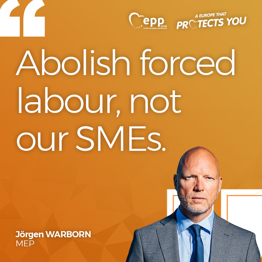 #ForcedLabour is a serious violation of human rights. With today's vote, we secured an effective contribution to the eradication of modern-day slavery while using a risk-based approach and protecting SMEs from regulatory burdens, says @jorgenwarborn. 🔗epp.group/nkmixk6e