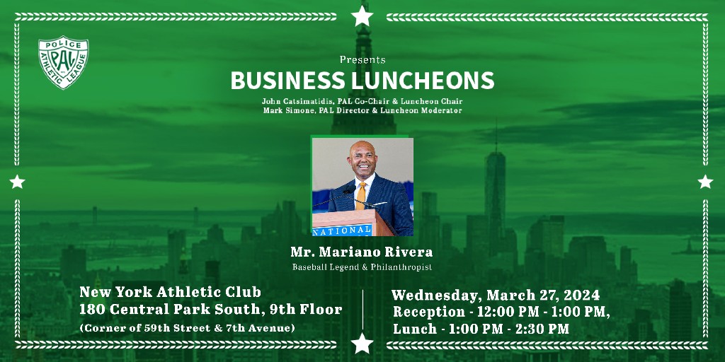 Save the date: Mar 27! 🗓️ Meet Mariano Rivera at the NY Athletic Club (180 Central Park South, 9th Fl) for an exciting afternoon. 🌟 Reception 12-1 PM, Lunch 1-2:30 PM. Support a great cause & network. Don't miss it! @MarianoRivera tinyurl.com/2hmav9k8