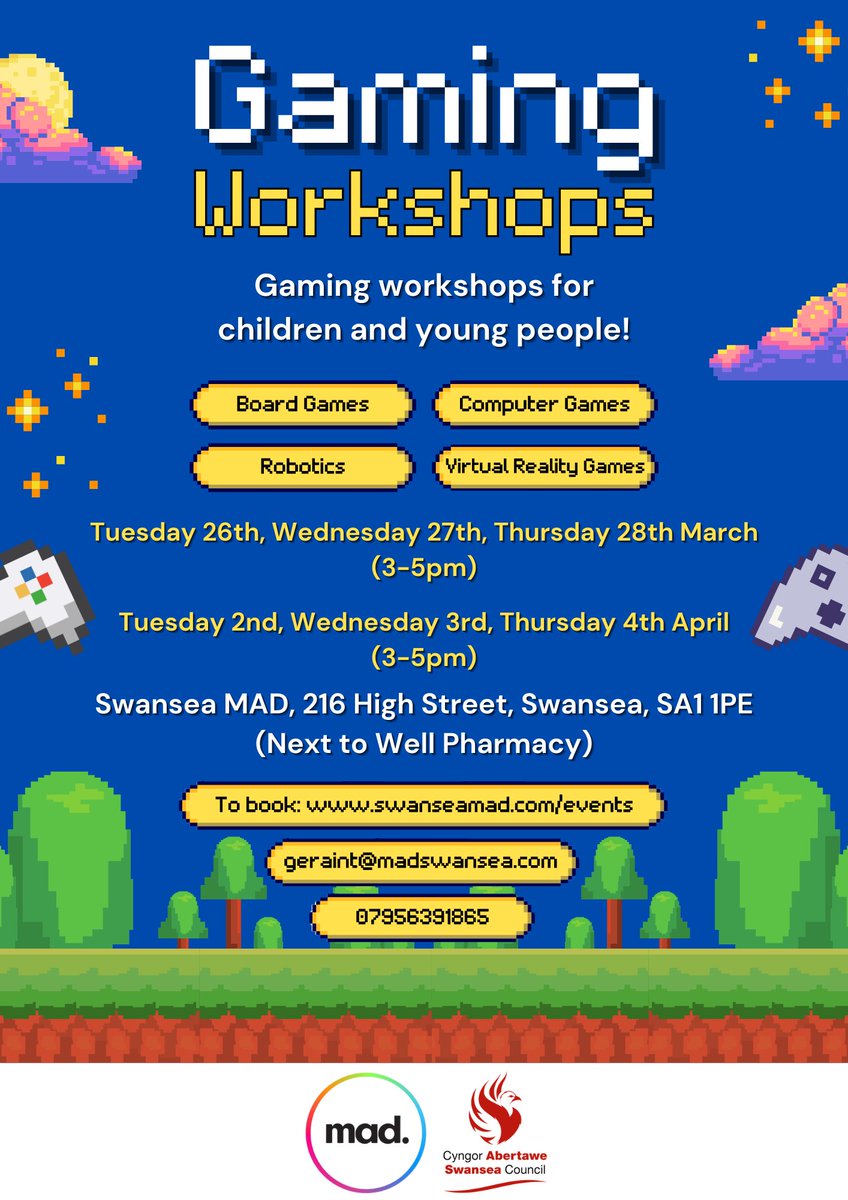 During the Easter school holidays <a href="/SwanseaMAD/">Swansea MAD</a> - 

Free packed lunches for children &amp; young people (no need to book, just pop in) 🥪

Gaming workshops for children &amp; young people (please go to swanseamad.com/events or contact us to book a space) 🎮

<a href="/SwanseaCouncil/">Swansea Council</a>
