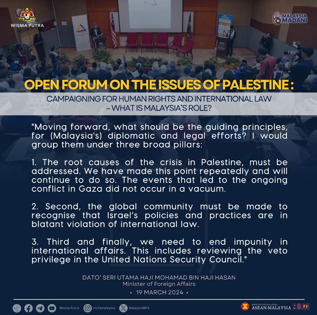 MalaysiaMFA's tweet image. Keynote Address by the Minister of Foreign Affairs, Dato' Seri Utama Haji Mohamad bin Haji Hasan at the Open Forum on the Issues of Palestine: Campaigning for Human Rights and International Law - What is Malaysia's Role? on 19 March 2024.