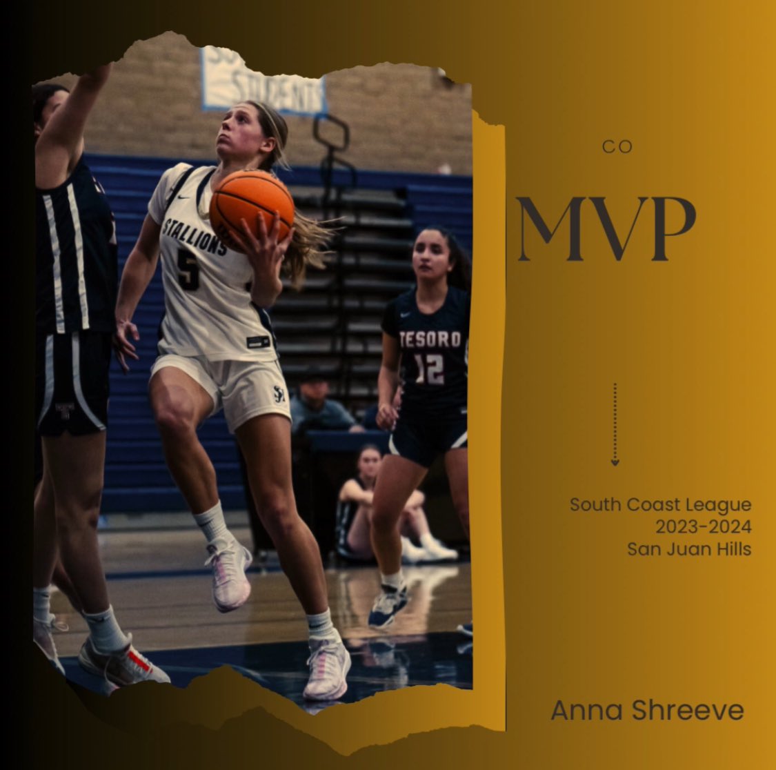 Anna Shreeve has been selected as co MVP of the South Coast League! A dominant, destructive player on both ends-her coach says may be the most gifted in school history. She avg 19pts/6reb/4.5stl on her way to: -League title -D1 playoff win -573 pts-school record -1279 career pts