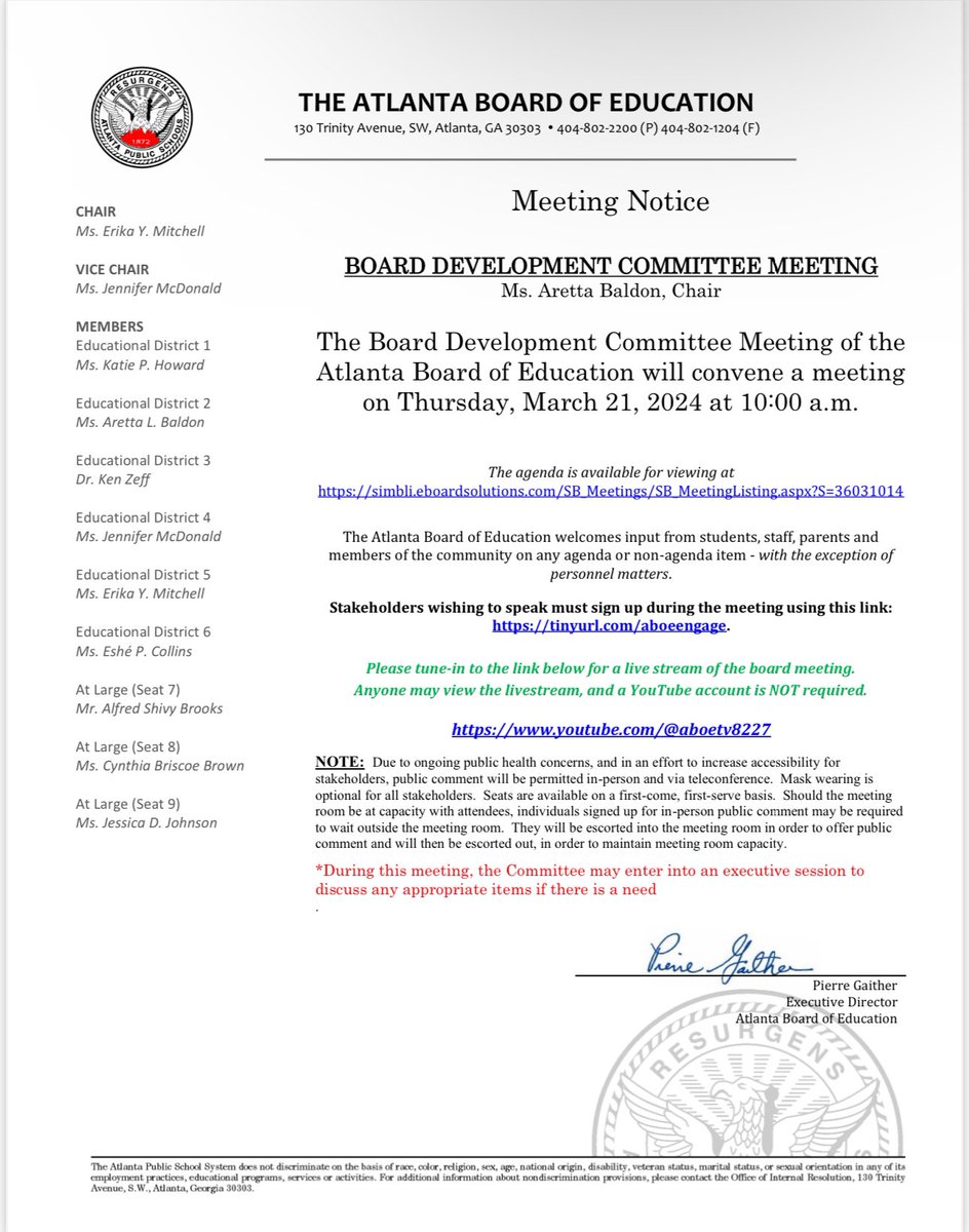 Board Development Committee Meeting| Thursday, March 21, 2024| Center for Learning and Leadership (130 Trinity Avenue, Atlanta, Georgia 30303)| 10:00 AM Public Comment Link: tinyurl.com/aboeengage. YouTube Link: youtube.com/@aboetv8227