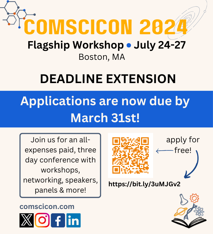 Exciting news! We are extending the application deadline for our flagship #scicomm workshop in Boston this summer! The new deadline is: March 31st by 11:59pm (EST). Apply here: bit.ly/3uMJGv2 If you've attended before, repost with your experience - let's reconnect!