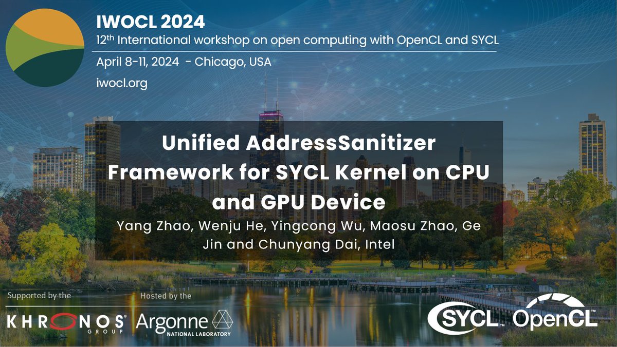 Members from @intel will present on Unified AddressSanitizer framework for SYCL kernel on CPU and GPU devices at IWOCL 2024! Learn more about this session and the full agenda at: iwocl.org/iwocl-2024/pro…