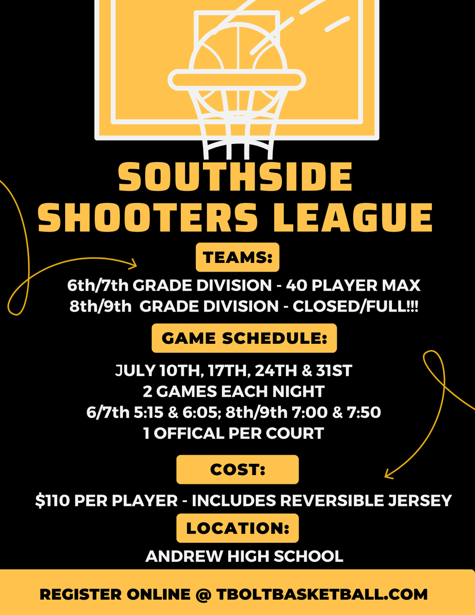Only 12 spots left for 6/7th grade Southside Shooters League!!!! 

Register now at tboltbasketball.com while you still have a chance!!!