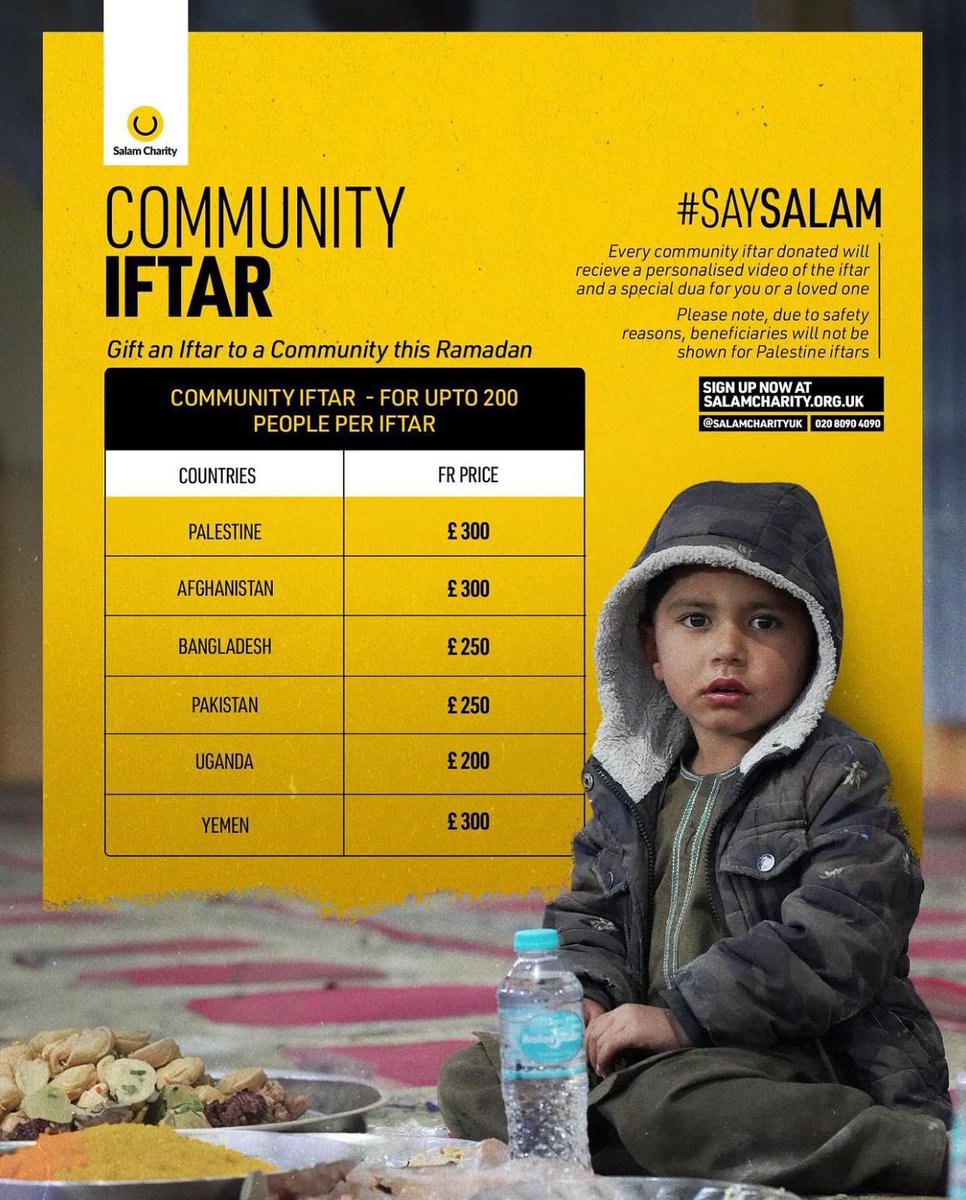@salamcharityuk are doing community Iftar’s this Ramadan! A chance to feed up to 200 people in any one of the countries below 💛