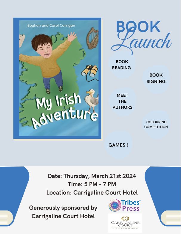 Join us in the Carrigaline Court hotel for the 'My Irish Adventure' book launch 📚 Written by staff member Carol Corrigan & her son Eoghan ✨ Thursday, March 21st from 5pm - 7pm! - Book Reading - Book Signing - Games & More!