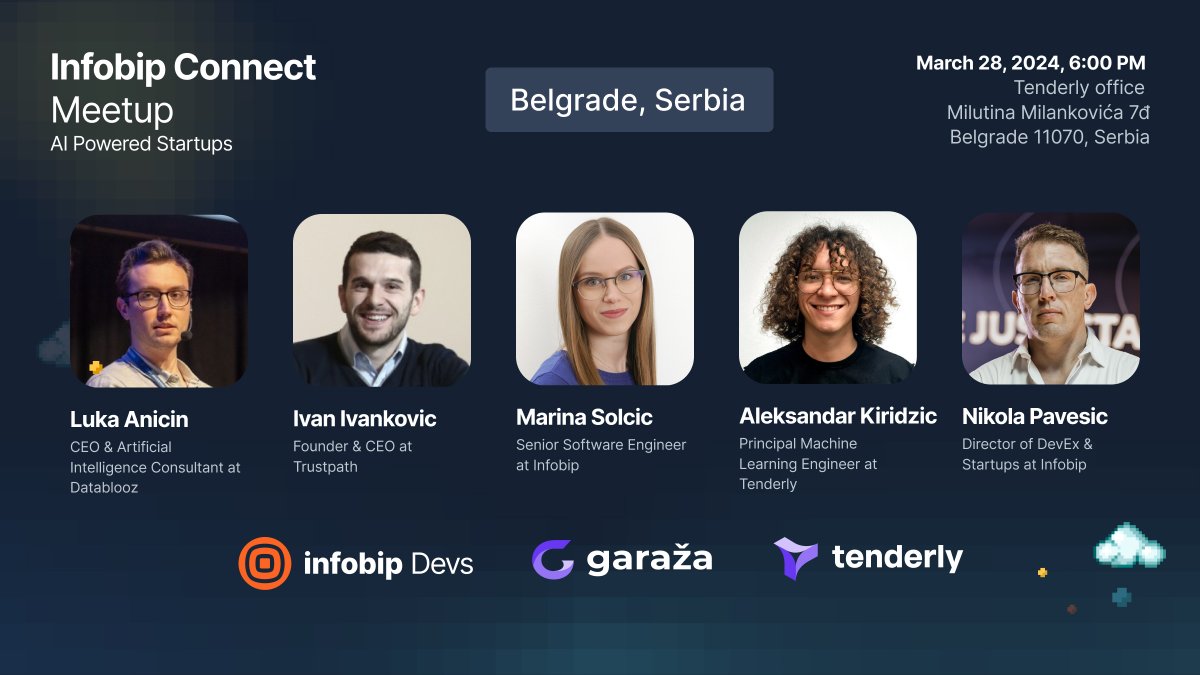 We are happy to invite you to our first Infobip Connect Meetup in Belgrade! 🏫 Location: Tenderly office, Milutina Milankovića 7đ, Belgrade 11070, Serbia 📆 Date: Thursday, March 28, 2024, 6:00 - 9:00pm Free RVSP on this link: go.infobip.com/3Pq5F1S #OneCommunicationsPlatform