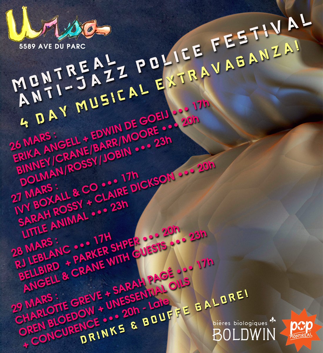 Voici la programmation pour la troisième journée, 28 mars à L'Anti-Jazz Festival au Ursa ! Achetez vos billets ici: tinyurl.com/yeyvaspw