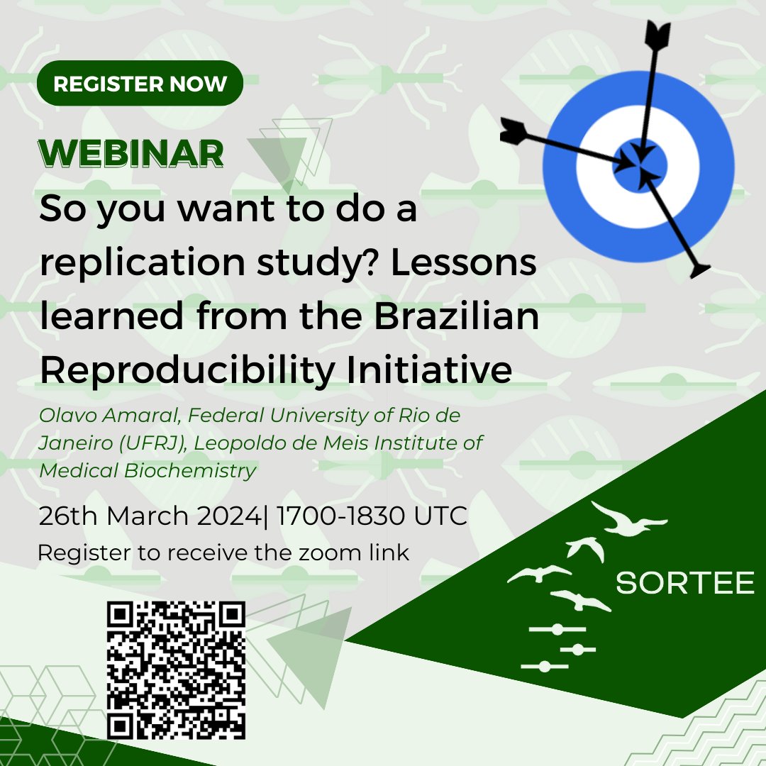 Remember to sign up for our next webinar: 'Lessons learned from the Brazilian Reproducibility Initiative', by @olavoamaral   When: 26 March, 16:00 UTC Free registration: i.mtr.cool/katikimkch #SORTEEtools #openscience #reproducibleresearch