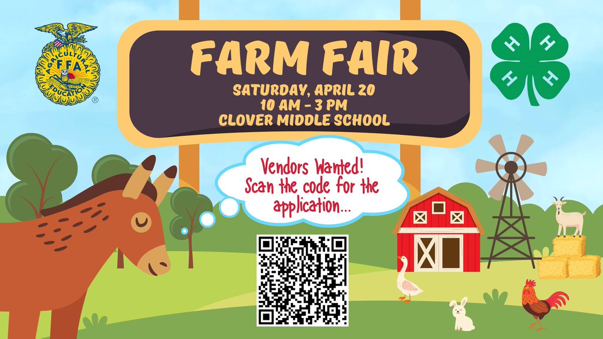 cloverhighcte's tweet photo. Mark your calendars! 🗓️ ✍🏽 📱 🐓 🚜 🥧 🐄 
Vendors,fair games, petting zoo, 5K run, student egg sales and more! $5 per car admission (Cash only this day) Come join the fun! #farmfair #springvibes #unitedinexcellence #clovercte #keepingitreal #cteinsc #eachchildeachdayexcellence https://t.co/lC2iSyfoUc