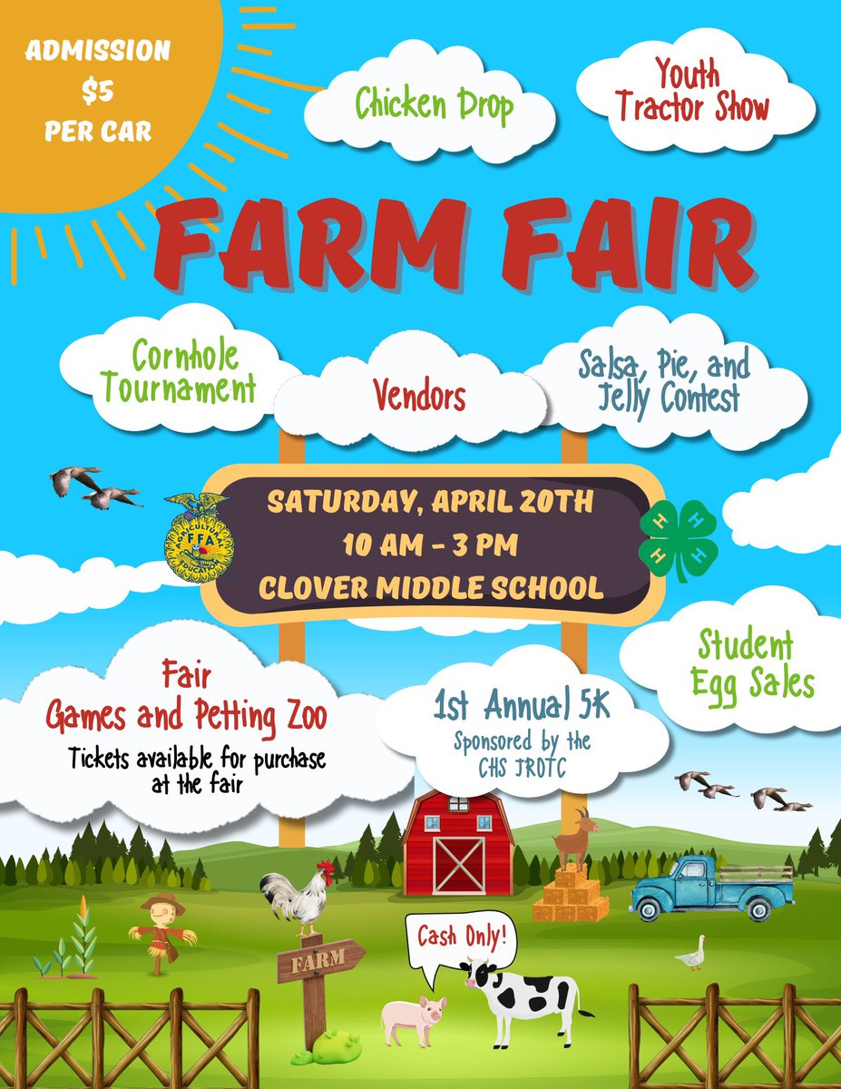 cloverhighcte's tweet photo. Mark your calendars! 🗓️ ✍🏽 📱 🐓 🚜 🥧 🐄 
Vendors,fair games, petting zoo, 5K run, student egg sales and more! $5 per car admission (Cash only this day) Come join the fun! #farmfair #springvibes #unitedinexcellence #clovercte #keepingitreal #cteinsc #eachchildeachdayexcellence https://t.co/lC2iSyfoUc