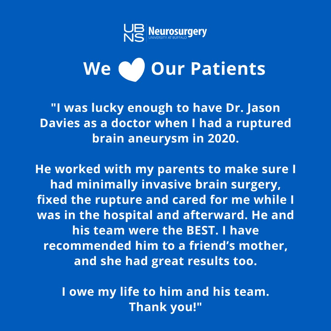 We love hearing stories from our patients, especially about the outstanding care from @JMDaviesMDPhD! If you want to share your story, we'd love to hear it! The best place to drop a review is on Google. #brainaneurysm #UBNS #neurosurgery