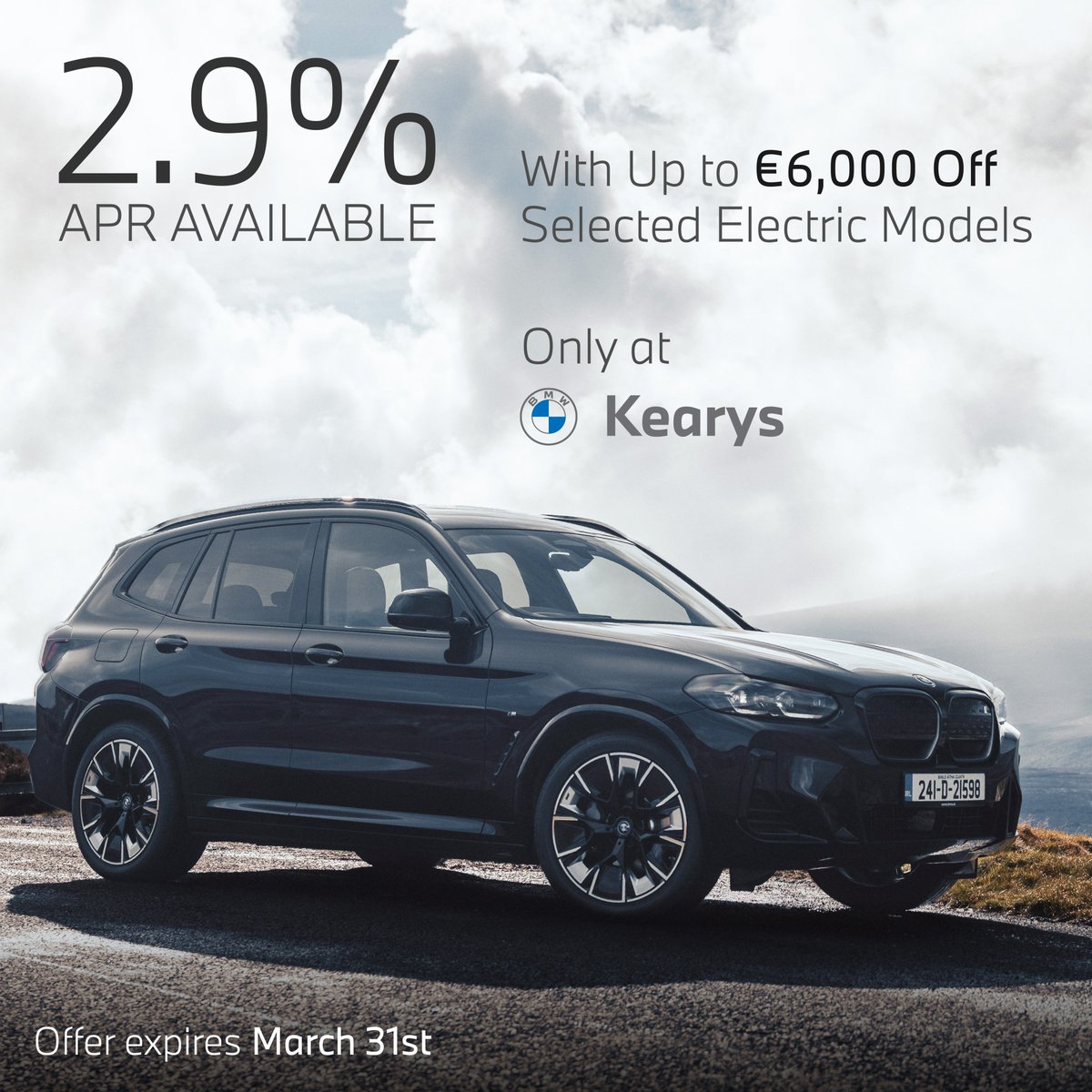 Discover Our BMW Electric Offers at Kearys! 2.9% APR and up to €6,000 OFF selected EV models. Offer ends March 31st! We have the new BMW iX1, iX3, i5, and i4 in stock now! Send an enquiry on kearys.ie/bmwev 📞Call us on: 021 500 3600