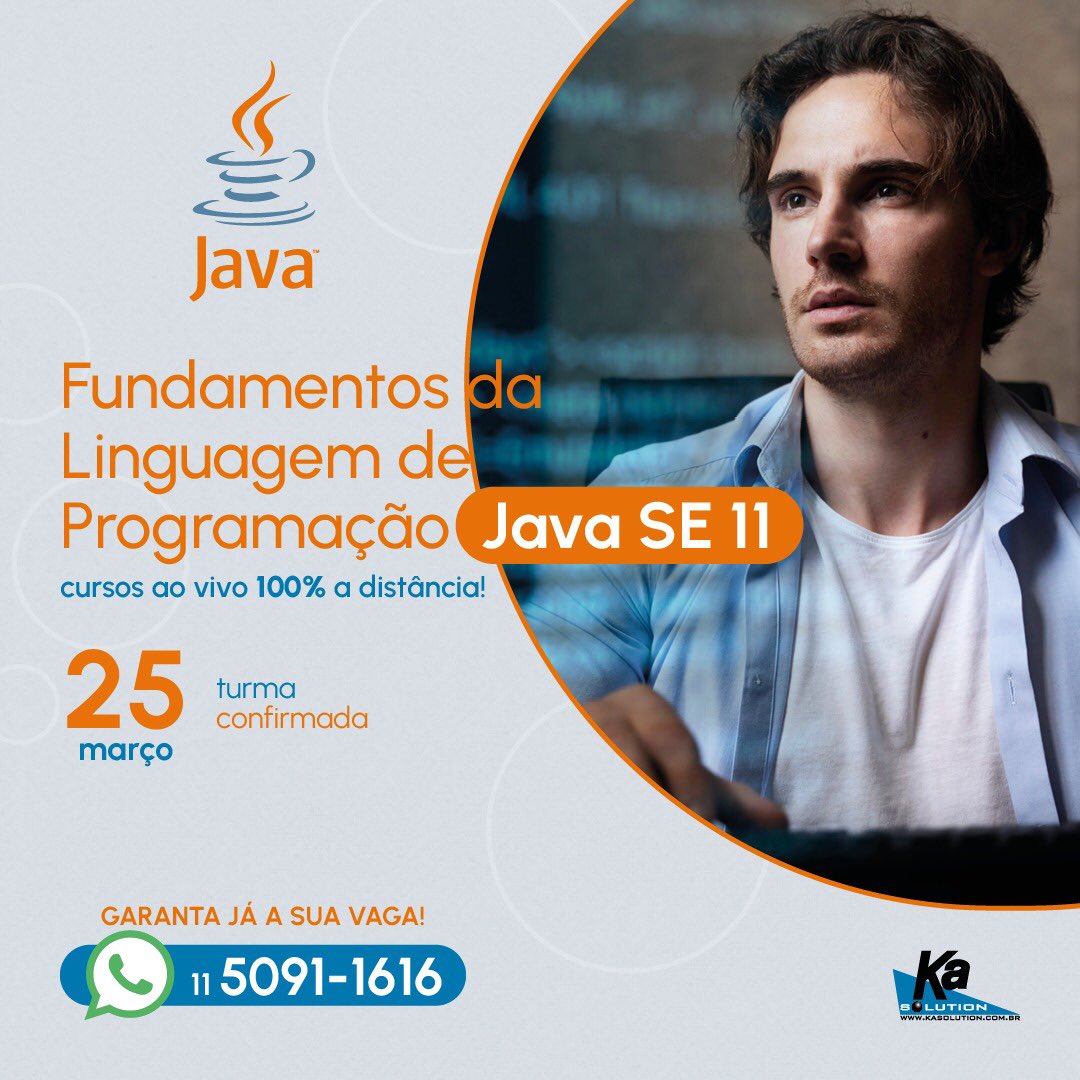 KaSolution's tweet image. 🚀 Fundamentos da Linguagem de Programação Java SE 11
🗓 Início em 25/03
Garanta já a sua vaga, ainda dá tempo!
📞 Whatsapp: 11 5091-1616
🟢 Link Whats: kasolution.com.br/social/whatsap…
#kasolution #java #javase #javase8 #javase11 #javaee #programmer #programador #dev #desenvolvimento