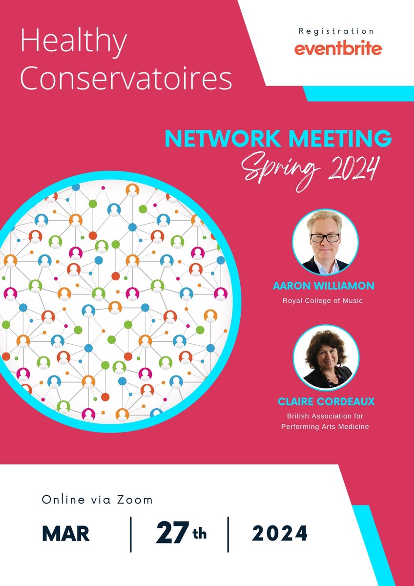 📣 The next meeting of the Healthy Conservatoires Network will be taking place next week on Wednesday 27 March 2024 between 10:00-12:00 GMT.  

✅ Learn more and register for your place via Eventbrite: eventbrite.co.uk/e/healthy-cons…