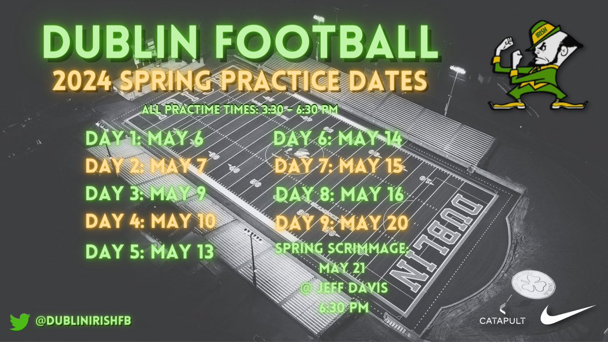 Coaches, mark your calendars!

We hope to see you in Dublin for Spring Practice! ☘️🏈