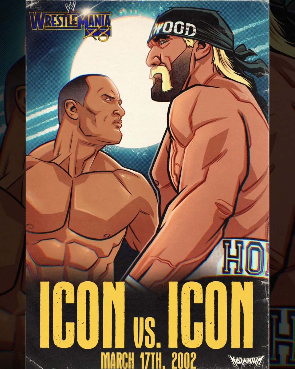 Today’s #WrestleMania poster features a match for the ages. #TheRock vs #HulkHogan #WWE