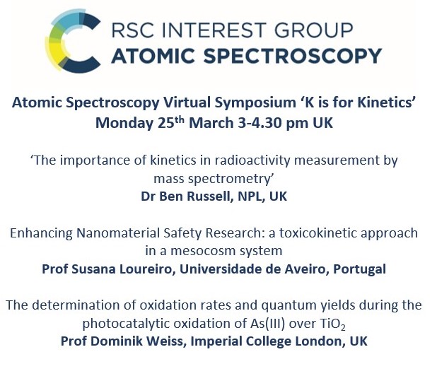 The next webinar in the A-Z in Atomic Spectroscopy series, 'K is for #Kinetics' is next Monday 25th March at 3 pm. Register here to watch: tinyurl.com/3mbj6xm9.