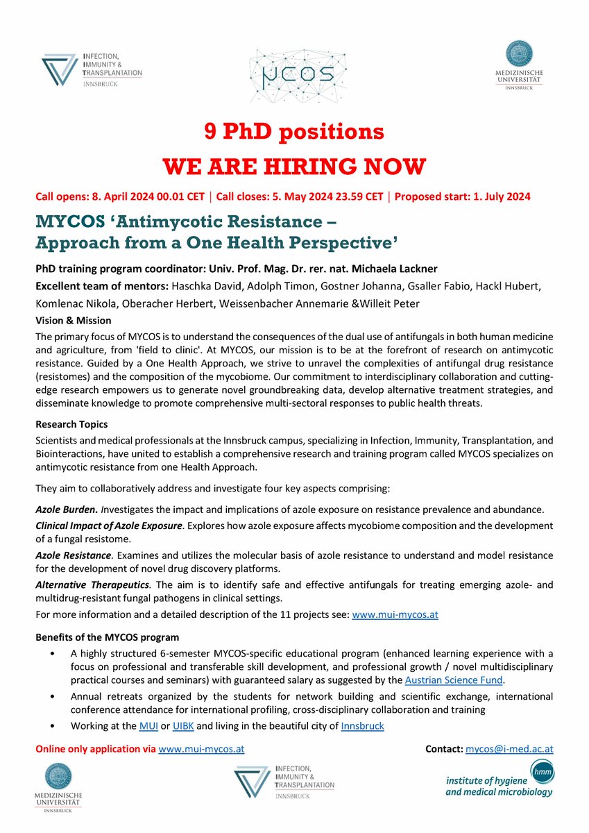 Open call for new #PhD training program 'MYCOS'. Young talents can apply for one of the 9 PhD positions! Online only application via mui-mycos.at #MYCOS @imed_tweets