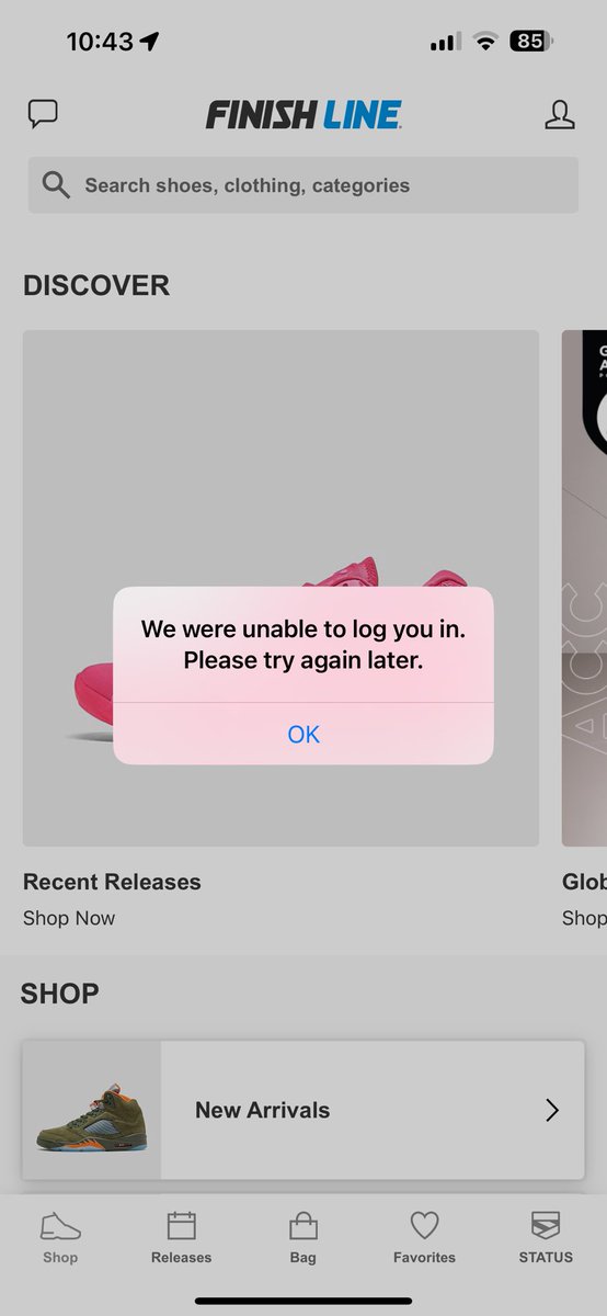 Is anyone else having troubles logging into the <a href="/FinishLine/">Finish Line</a> <a href="/jdsportsus/">JD Sports US</a>  apps on iPhone?  No problems logging in from the webpage but getting this error when trying the app. Already deleted apps and reinstalled but makes no difference .