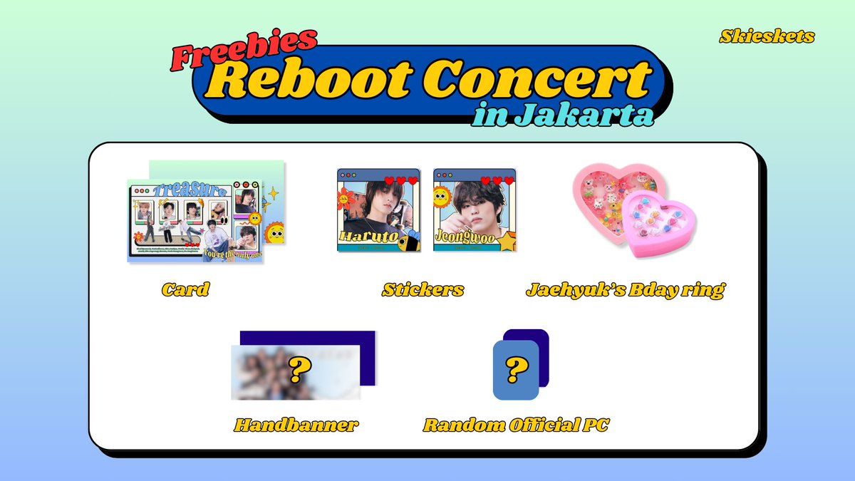 Help #RT 
2023 TREASURE REBOOT CONCERT 
       ᰔ in JAKARTA • FREEBIES ᰔ

🗓️ 30 June / Day 2
🍀 Limited : First come first serve
📍Indonesia Arena (TBA)
ALSO OPEN FOR TRADE : DM ᰔ

#트레저 #TREASURE