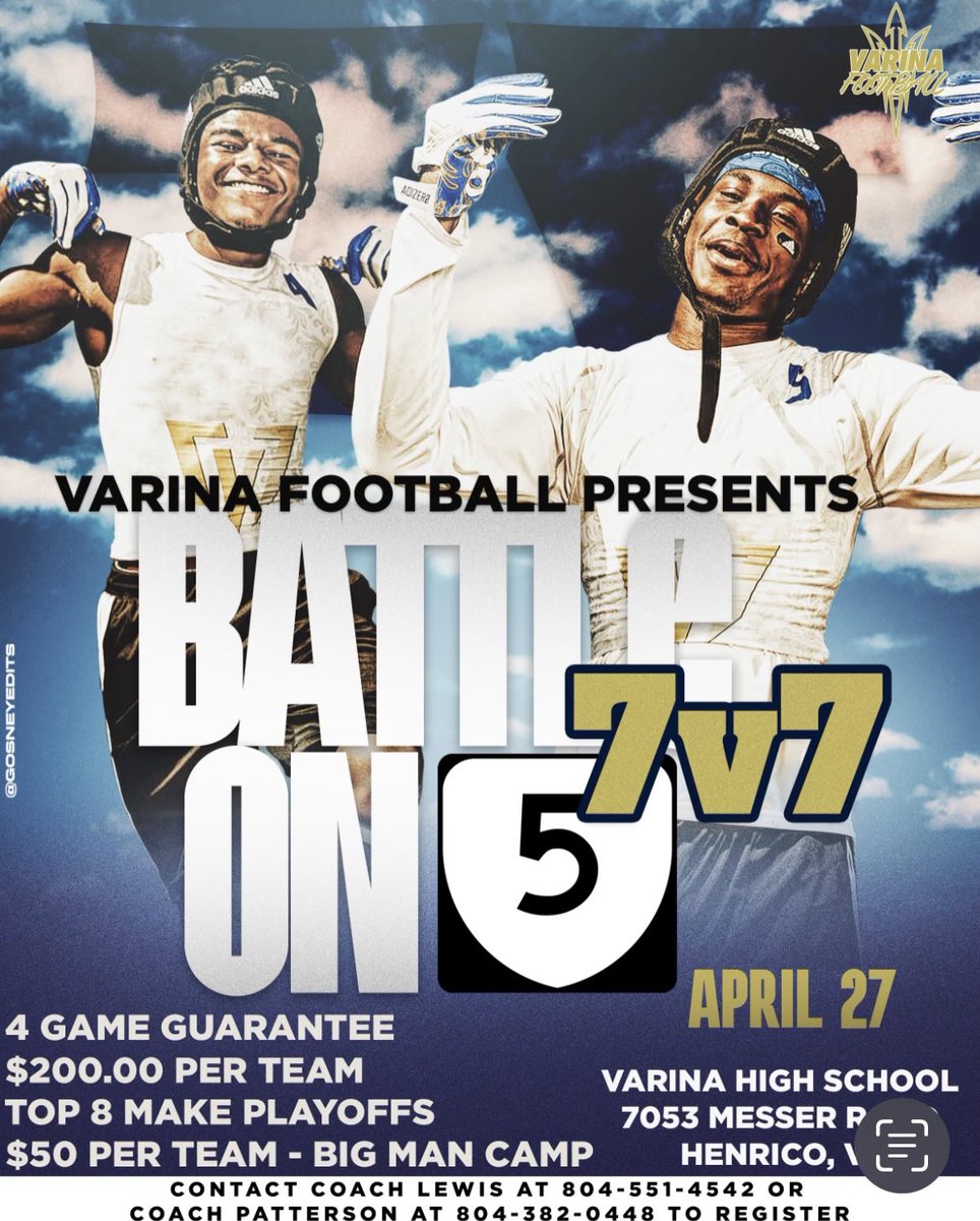 Varina HS Football Recruiting (@recruitingvhsfb) on Twitter photo All Teams are welcome on April 27. Registration can made with <a href="/coachmlew/">Coach Marcus Lewis</a>
<a href="/TheRVASportsNet/">RVA Sports Network</a> <a href="/watchsportswire/">Sportswire | The Crew</a> <a href="/CRF4Dan/">Danny Lewis</a> <a href="/VaPrepsRivals/">Virginia Preps</a> <a href="/CBS6SportsSean/">Sean Robertson</a> <a href="/RTDSports/">RTD Sports</a> <a href="/CFCAVAFB/">Commonwealth Football Coaches Association</a> <a href="/hatfieldsports/">Matthew Hatfield</a> All Teams are welcome on April 27. Registration can made with <a href="/coachmlew/">Coach Marcus Lewis</a>
<a href="/TheRVASportsNet/">RVA Sports Network</a> <a href="/watchsportswire/">Sportswire | The Crew</a> <a href="/CRF4Dan/">Danny Lewis</a> <a href="/VaPrepsRivals/">Virginia Preps</a> <a href="/CBS6SportsSean/">Sean Robertson</a> <a href="/RTDSports/">RTD Sports</a> <a href="/CFCAVAFB/">Commonwealth Football Coaches Association</a> <a href="/hatfieldsports/">Matthew Hatfield</a>