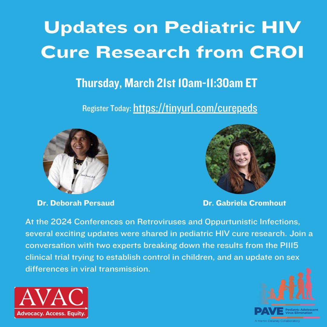 IMPAACT Network (@impaactnetwork) on Twitter photo Join <a href="/HIVpxresearch/">AVAC</a> & <a href="/PAVE_MDC/">PAVE Collaboratory</a> tomorrow for a webinar featuring Dr. Deborah Persaud discussing the results of IMPAACT P1115 alongside Dr. Gabriela Cromhout exploring sex differences in HIV acquisition.
🗓️21 March 2024 | 10:00-11:30 a.m. ET
REGISTER: tinyurl.com/curepeds Join <a href="/HIVpxresearch/">AVAC</a> & <a href="/PAVE_MDC/">PAVE Collaboratory</a> tomorrow for a webinar featuring Dr. Deborah Persaud discussing the results of IMPAACT P1115 alongside Dr. Gabriela Cromhout exploring sex differences in HIV acquisition.
🗓️21 March 2024 | 10:00-11:30 a.m. ET
REGISTER: tinyurl.com/curepeds