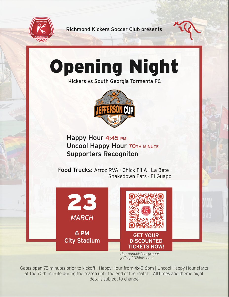 Join us this Saturday for the Opening Night of the Richmond Kickers season with discounted tickets! 🔗: bit.ly/3Pw44HY