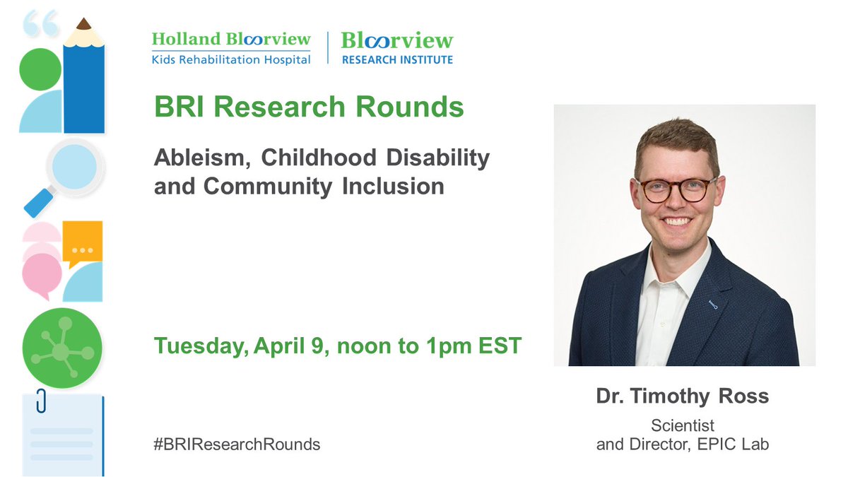 We’re pleased to announce Dr. Timothy Ross as the next BRI Research Rounds speaker! He will discuss ableism and how we can advance more inclusive communities for children with disabilities and their families. Register now: hollandbloorview.ca/BRIResearchRou…