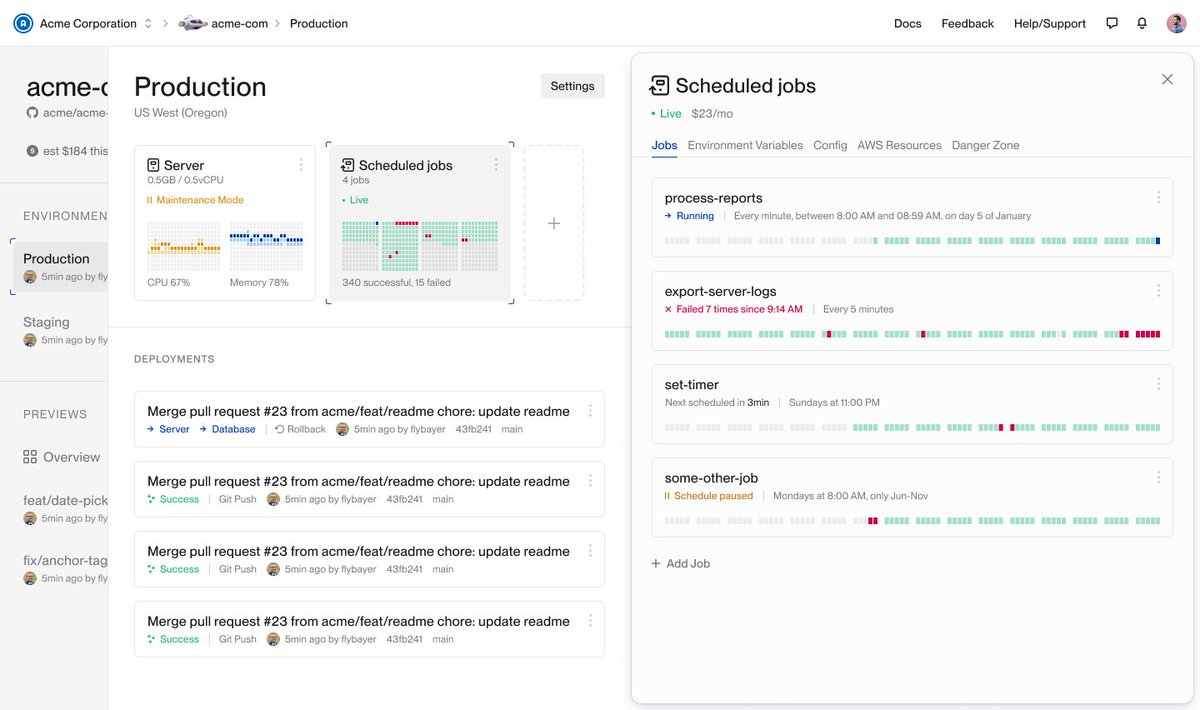 flybayer's tweet image. 🔥 Introducing @Flightcontrolhq cron jobs and ad-hoc commands! 🔥 

When you might want this:
➡ You have a long-running, resource intensive task that is best run in a temporary container
➡ You need scheduled jobs but don’t already have a worker server
➡ You want an easy way to…