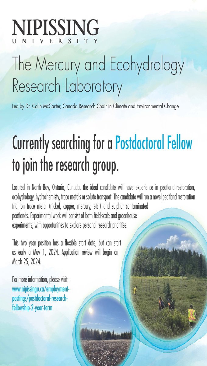 Just a few more days to apply to our PDF working at the intersection of peatland restoration, ecohydrology, trace/toxic metals, and solute transport here @NipissingU!