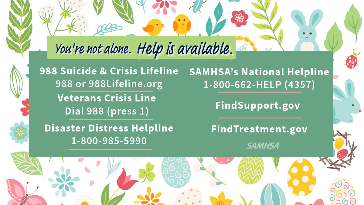 It's officially Spring 💐
🌼 No matter the season, 24/7/365, free and confidential help is available if you or someone you know needs support with mental health or use of substances.

🌸 Help yourself and share to help others: samhsa.gov/find-help