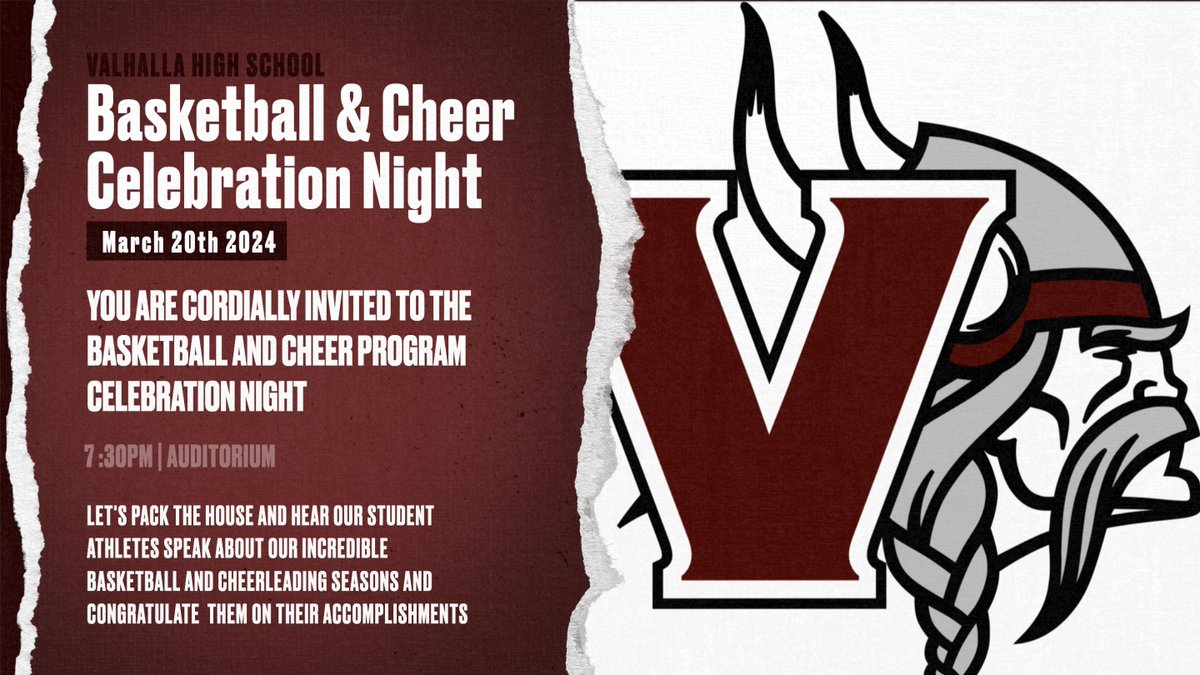 Reminder Tonight 7:30pm Celebration Night for our Varsity Basketball Programs and Varsity Cheerleading in the VMHS Auditorium!