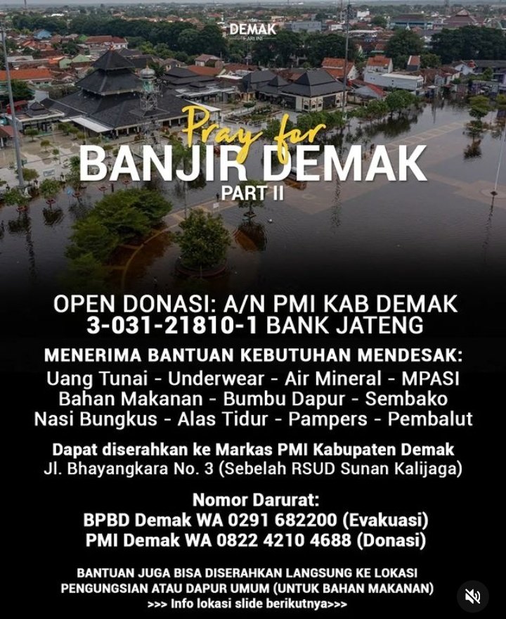 URGENT 🚨

Beberapa kebutuhan yang mendesak untuk membantu korban banjir di Kabupaten Demak yakni, pakaian dalam, air mineral, makanan pendamping ASI (MPASI), bahan makanan, bumbu dapur, sembako, nasi bungkus siap makan, alas tidur, pampers, pembalut.

~ <a href="/PMIJawaTengah/">PMI Jawa Tengah</a>