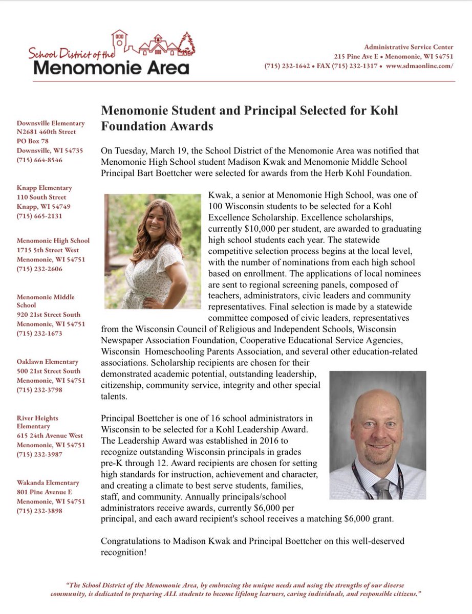 Congratulations to MHS senior Madison Kwak and MMS Principal Bart Boettcher on being selected for prestigious awards from the Kohl Foundation.