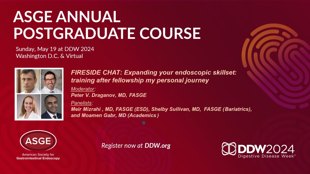 Join me & world-class panel @ASGEendoscopy PG-C @DDWMeeting for 🔥FIRESIDE CHAT on Expanding endo skillset after fellowship Will dive into enhancing your clinical & teaching #endoscopy skills! From avid attendee to honored speaker #ASGE PG-C has always been a gem of #DDW for me.