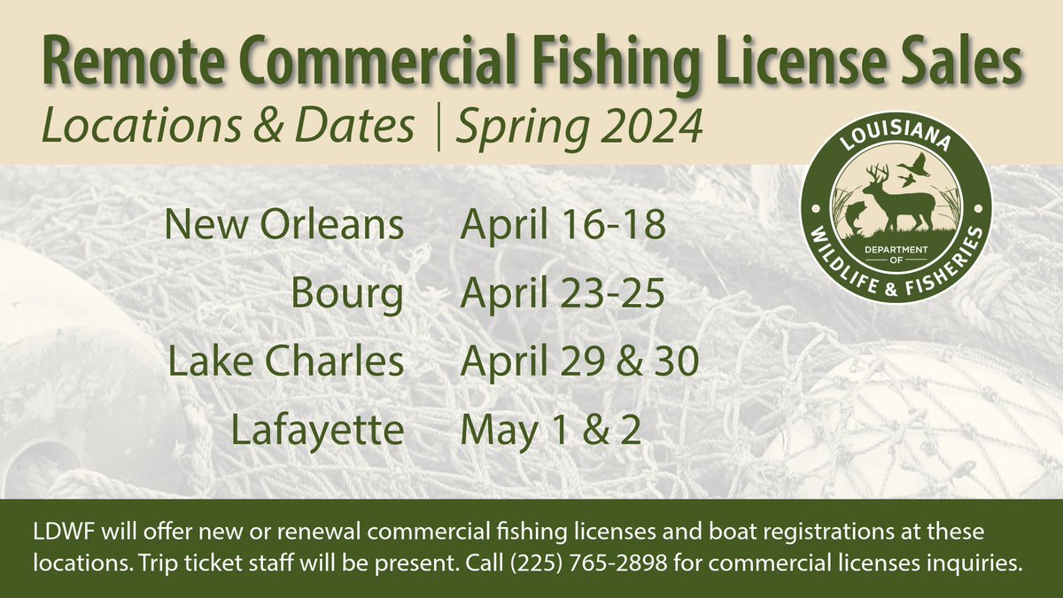 On the road again! LDWF will be hitting the road soon to offer commercial license sales in select cities. On the dates noted below, licensing staff will be present to offer new or renewal commercial fishing licenses and boat registration transactions. buff.ly/48ZoEHt