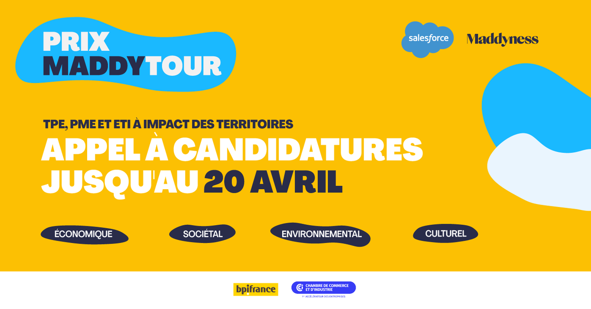 bymaddyness's tweet photo. Candidatez pour la nouvelle saison du #MaddyTour ! 📣
En collaboration avec @salesforce, le réseau des CCI et @Bpifrance, le Maddy Tour vise à mettre en lumière les TPE/PME/ETI qui portent des projets à impact 🔥

Candidatures ouvertes jusqu'au 20 avril : https://t.co/HiiySAqOrr https://t.co/IpV6OuYkIl