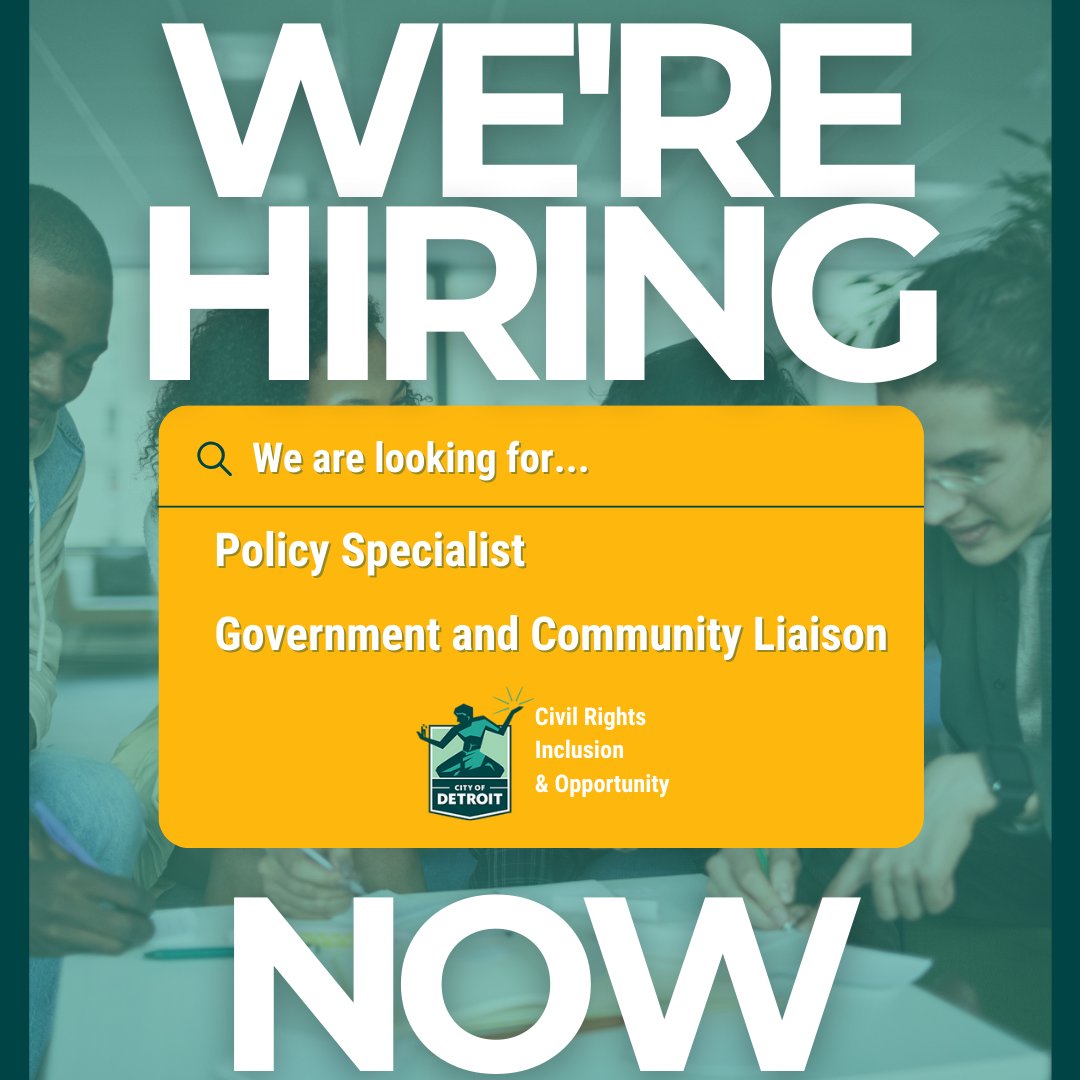 🗣️ CRIO is #Hiring! We need #detroit to help strengthen our great team - protecting #civilrights, providing #opportunity ensuring #accessibility and #inclusion. APPLY NOW ⤵️ Policy Specialist: bit.ly/3PwszVj Government & Community Liaison: bit.ly/4cohiAg